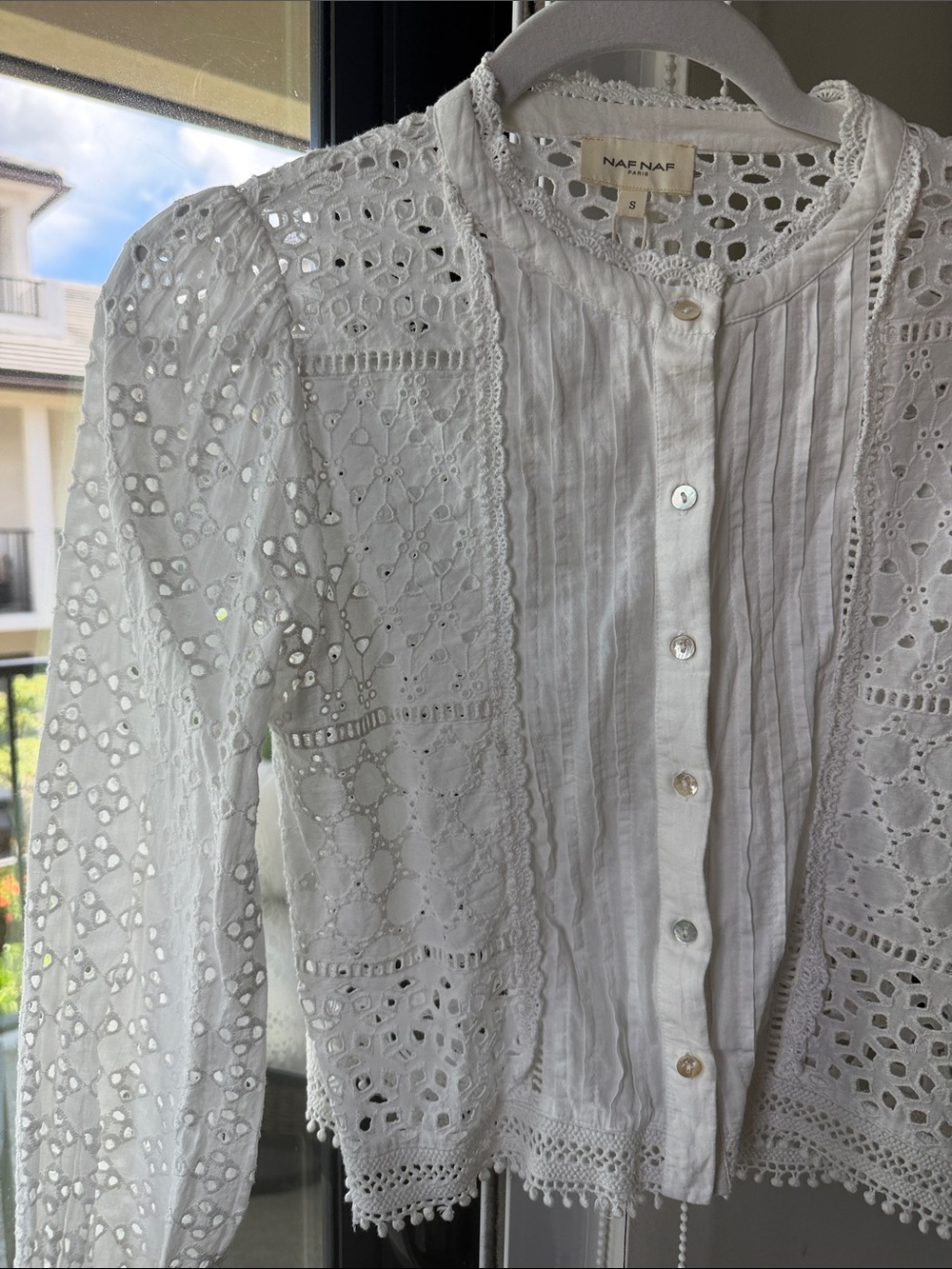 NAF NAF White Cotton Eyelet Button-Down Shirt
